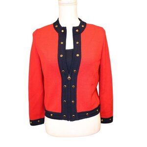 St. John Vintage Navy Blue Sleeveless Knit Tank Top & Red Cardigan Set, Small